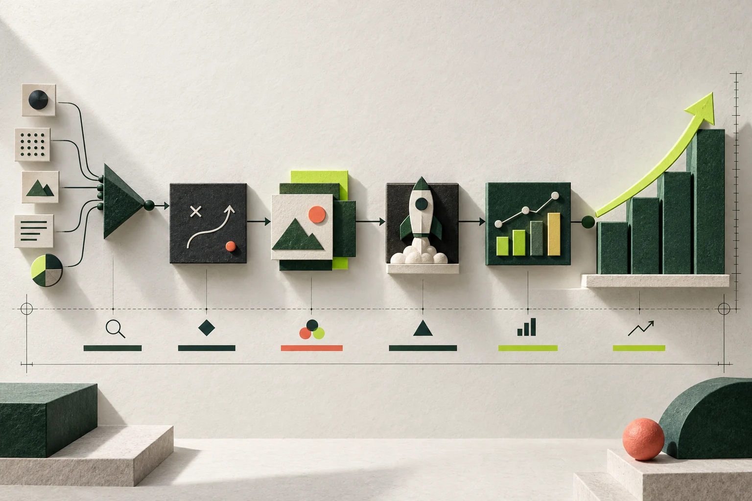 Illustrated campaign process moving from research to growth