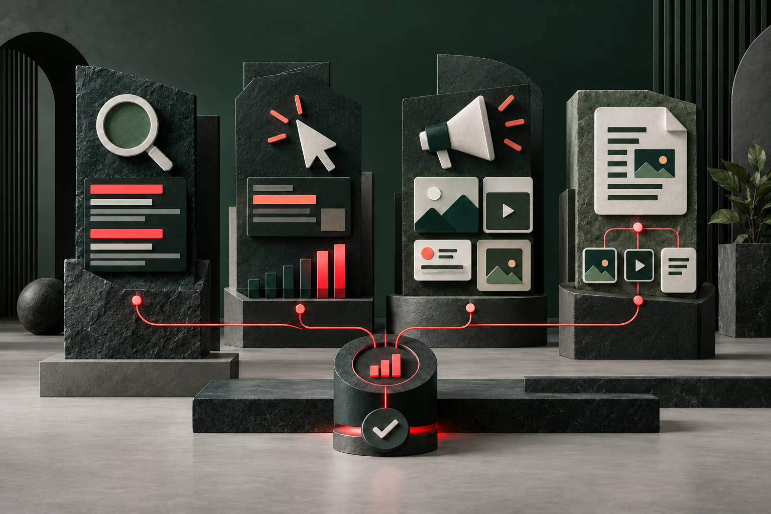 Graphic showing four connected digital marketing channels